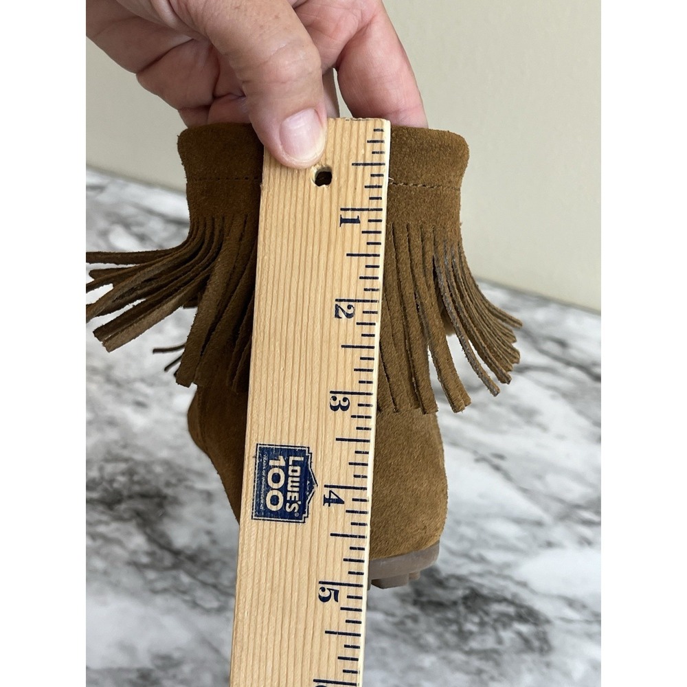 Minnetonka Fringe Moccasin Ankle Boots Brown Suede Southwestern Tie Boho 7.5 - Picture 9 of 9